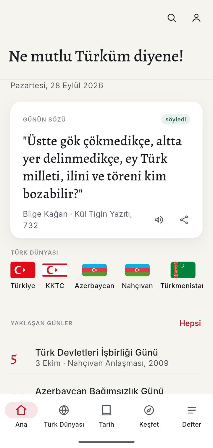 Ana ekran: günün sözü kartı, Türk dünyası bayrakları ve yaklaşan günler