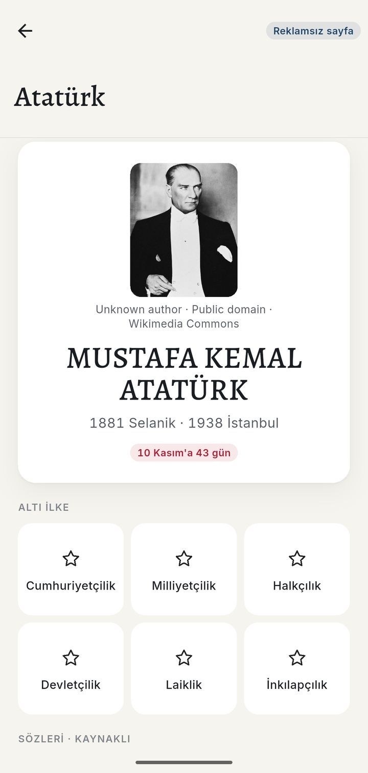 Atatürk sayfası: portre, 10 Kasım'a kalan gün, altı ilke