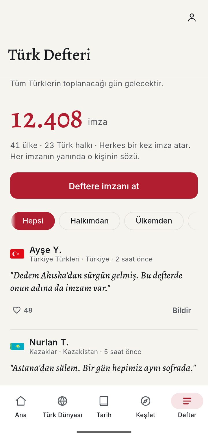 Türk Defteri sekmesi: imza sayısı ve örnek imzalar