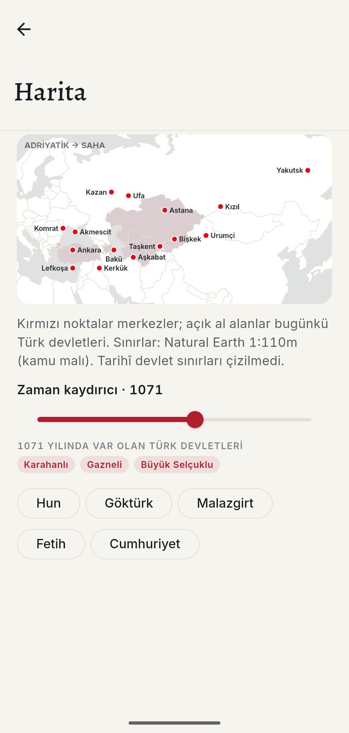 Harita: Türk devletleri ve 1071'e ayarlı zaman kaydırıcı