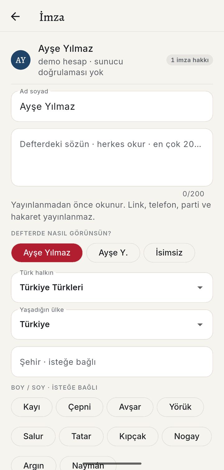 İmza formu: ad, söz, görünüm seçimi, halk ve ülke