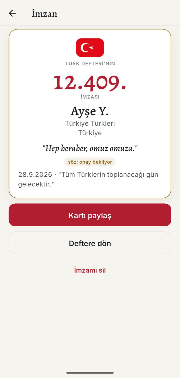 İmza kartı: bayrak, sıra numarası, ad, halk, ülke ve söz
