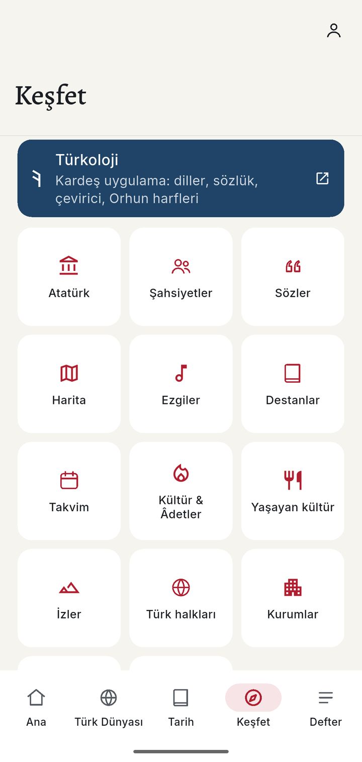 Keşfet sekmesi: Atatürk, şahsiyetler, sözler, harita, ezgiler, destanlar