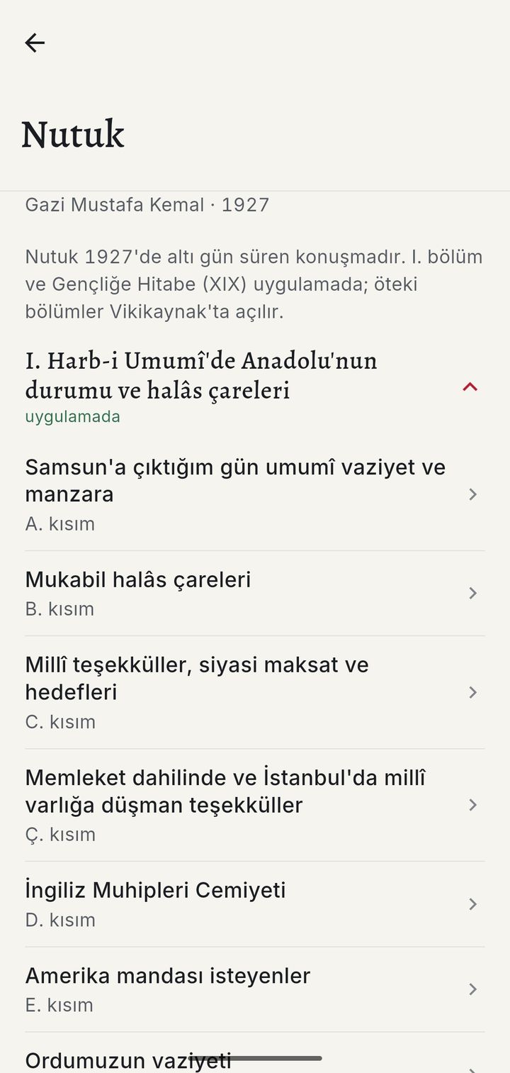 Nutuk ekranı: I. bölümün kısımları